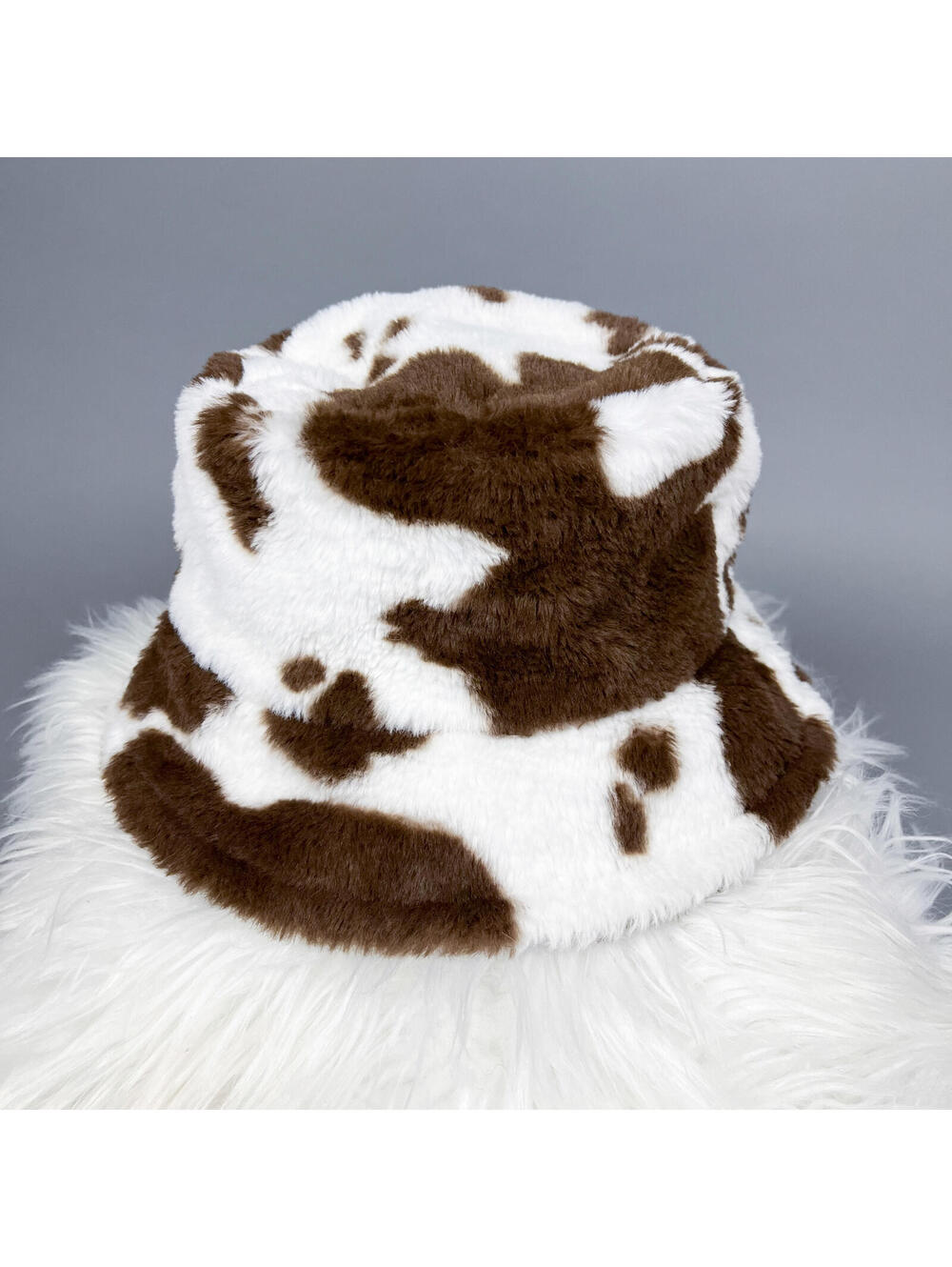 Y2K Bucket Hat, Faux Fur Cow Print